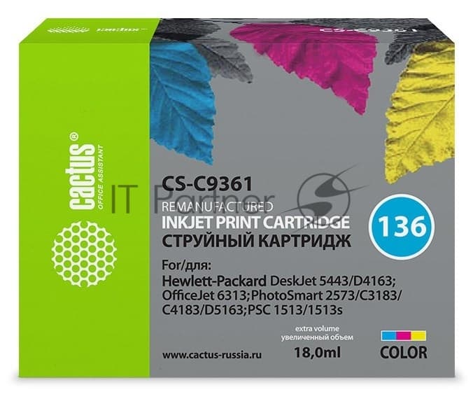 Картридж струйный Cactus CS-C9361 №136 многоцветный (18мл) для HP DJ 5443/D4163/DJ 6313/PS 2573/C3183/C4183/D5163/1513/1513s с чипом