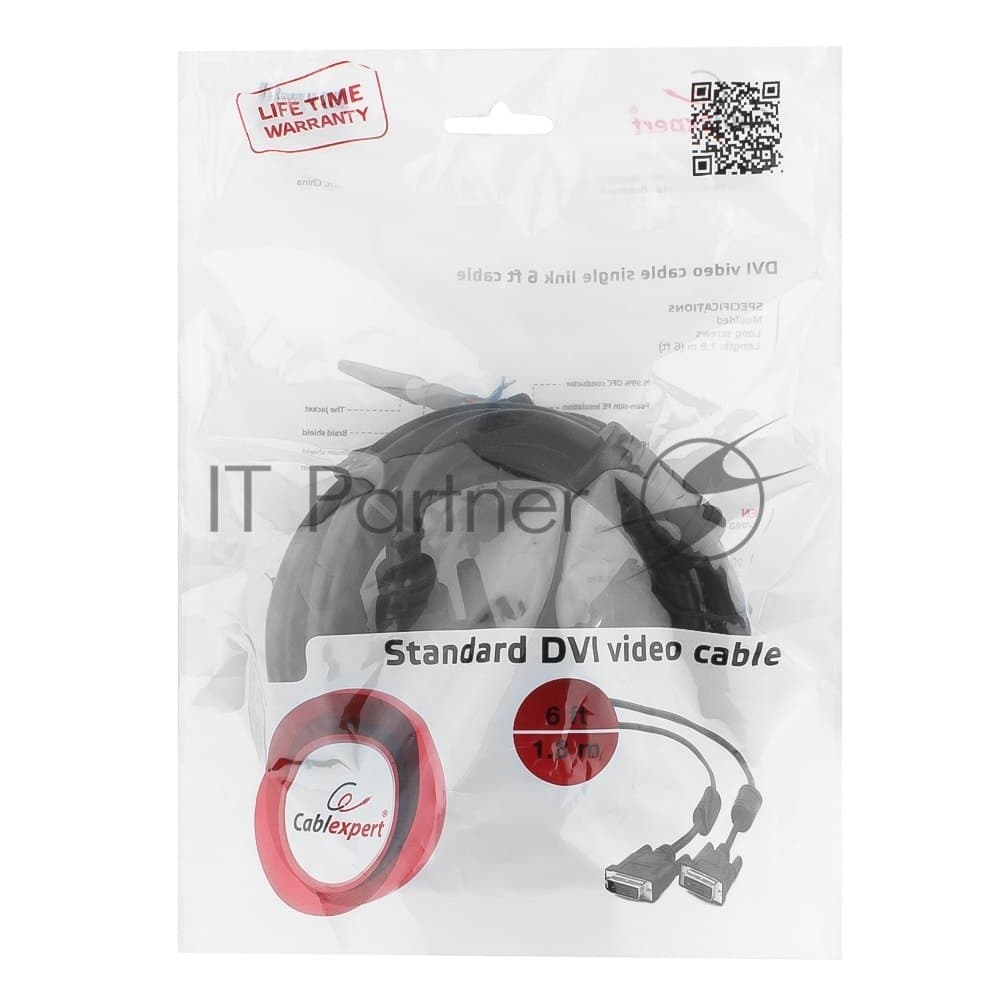 Кабель DVI-D single link Cablexpert CC-DVI-BK-6, 19M/19M, 1.8м, черный, экран, феррит.кольца, пакет