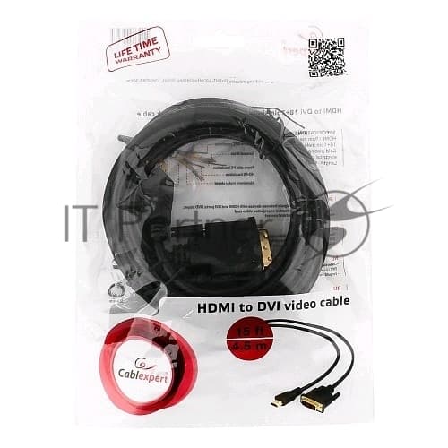 Кабель HDMI-DVI Cablexpert CC-HDMI-DVI-15, 19M/19M, 4.5м, single link, черный, позол.разъемы, экран, пакет