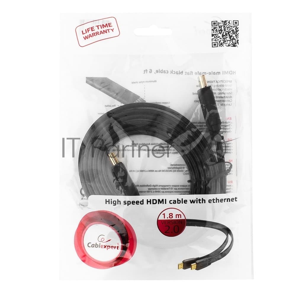 Кабель Cablexpert HDMI CC-HDMI4F-6, 19M/19M, v2.0, медь, позол.разъемы, экран, плоский кабель, 1.8м, черный, пакет