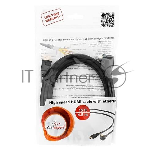 Кабель HDMI Cablexpert CC-HDMI490-15, 4.5м, v1.4, 19M/19M, углов. разъем, черный, позол.разъемы, экран, пакет