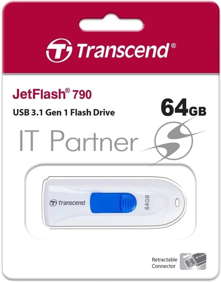 Флеш накопитель 64GB Transcend JetFlash 790, USB 3.1, Белый/Синий