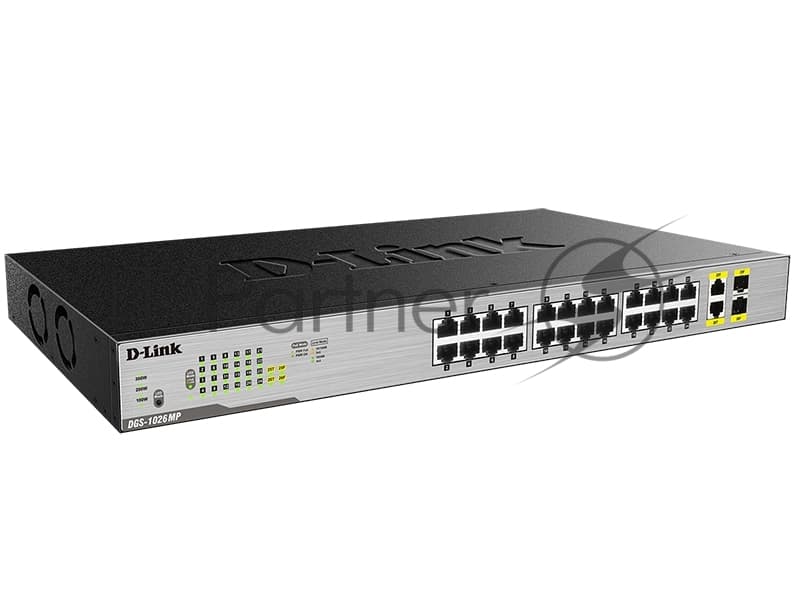 Коммутатор неуправляемый D-Link DGS-1026MP/A1A с 24 портами 10/100/1000Base-T, 2 комбо-портами 100/1000Base-T/SFP и функцией энергосбережения (24 порта с поддержкой PoE 802.3af/at (30 Вт))