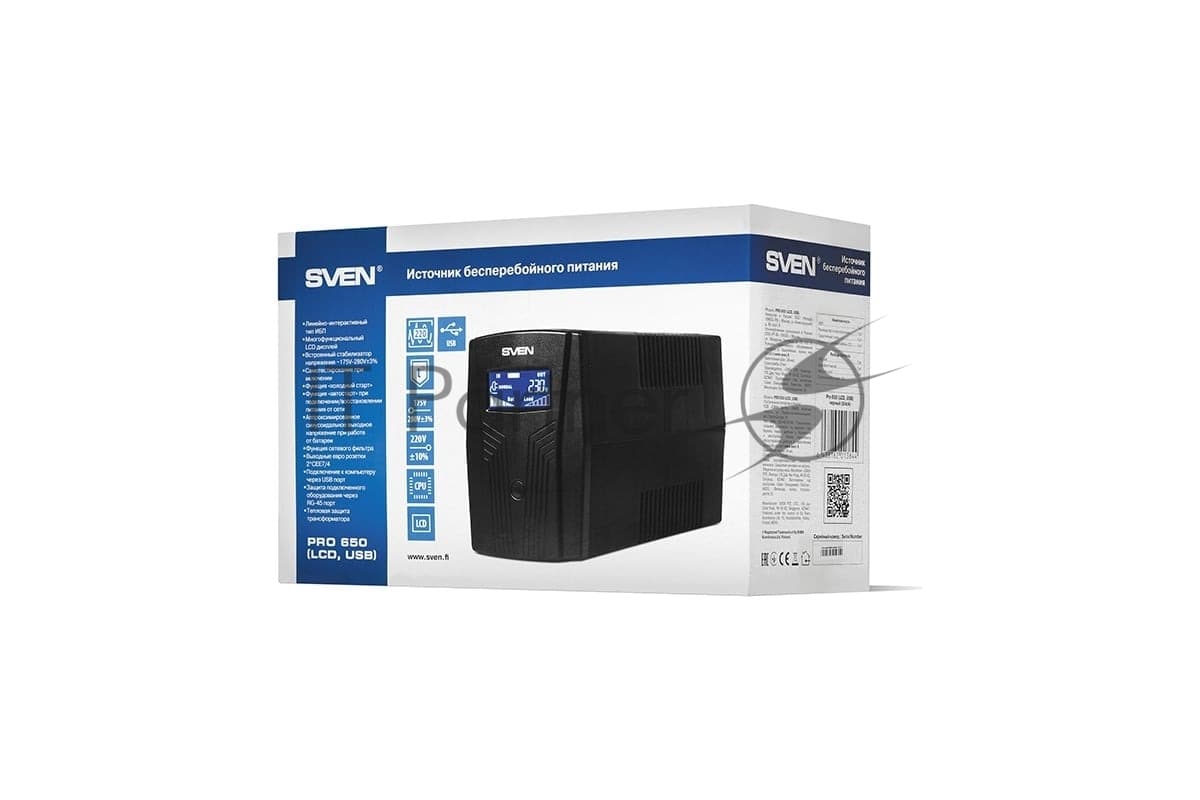 Источник бесперебойного питания SVEN Pro 650 650VA/390W LCD, USB, RJ-45 (2 EURO)