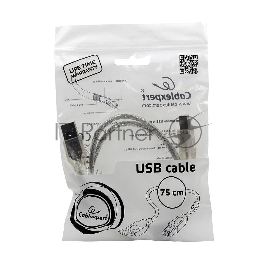 Кабель Cablexpert USB2.0 Pro, AM/BM, 0,75м, экран, 2 феррит.кольца, прозрачный (CCF-USB2-AMBM-TR-0.75M)