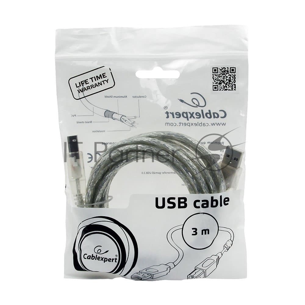 Кабель USB2.0 Pro Cablexpert CCF-USB2-AMBM-TR-10, AM/BM, 3м, экран, феррит.кольца, прозрачный, пакет