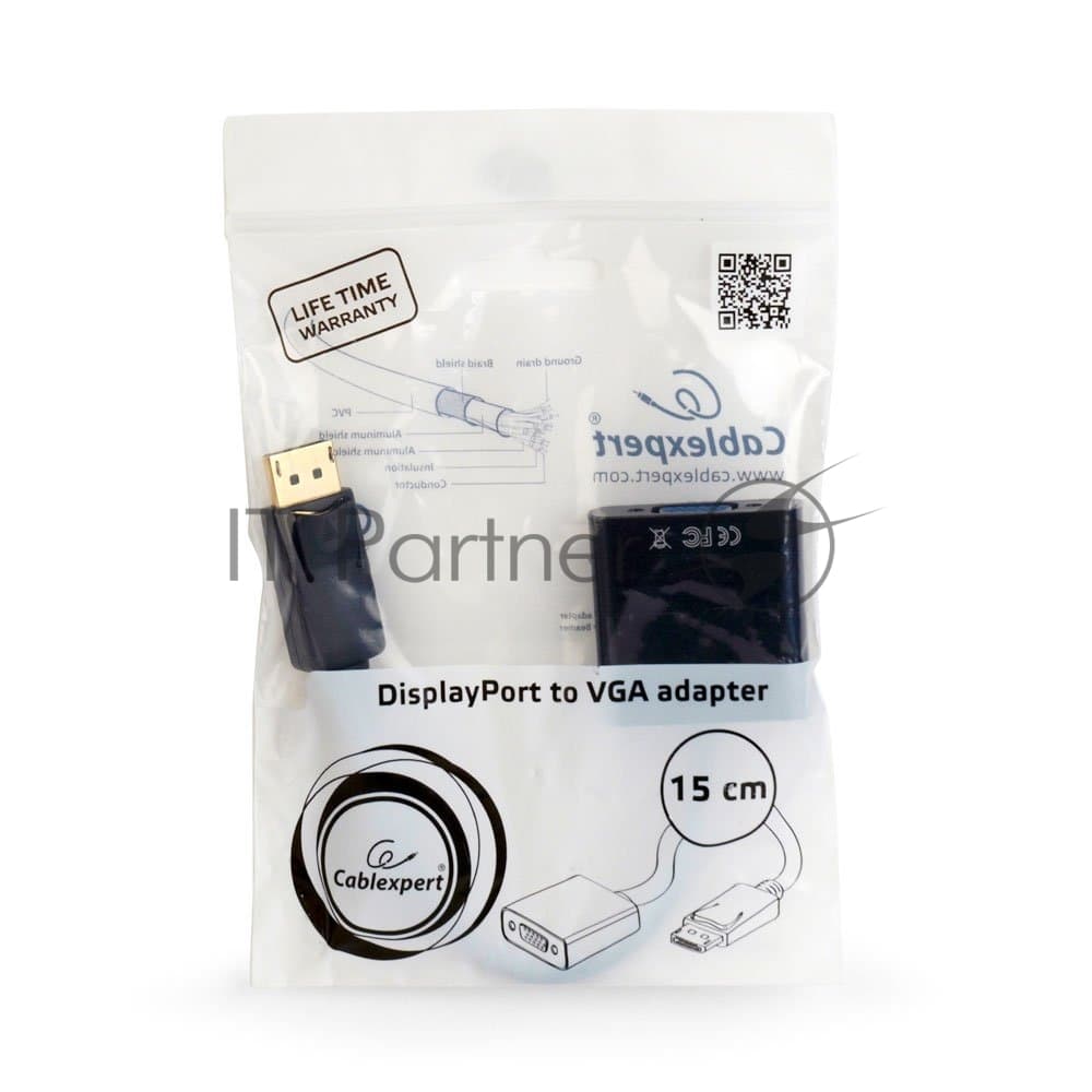 Переходник DisplayPort - VGA Cablexpert A-DPM-VGAF-02, 20M/15F, кабель 15 см, пакет