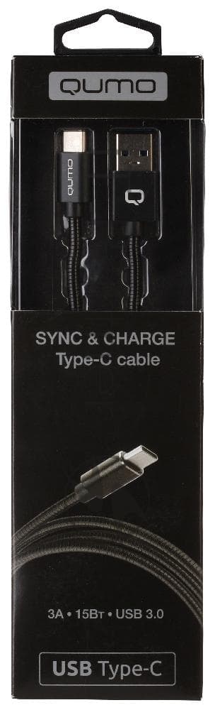 Кабель Qumo Type-С кабель, 1м, USB 3.0, 5В, 3А, 15Вт, металлическая оплетка, металлический коннектор, черный