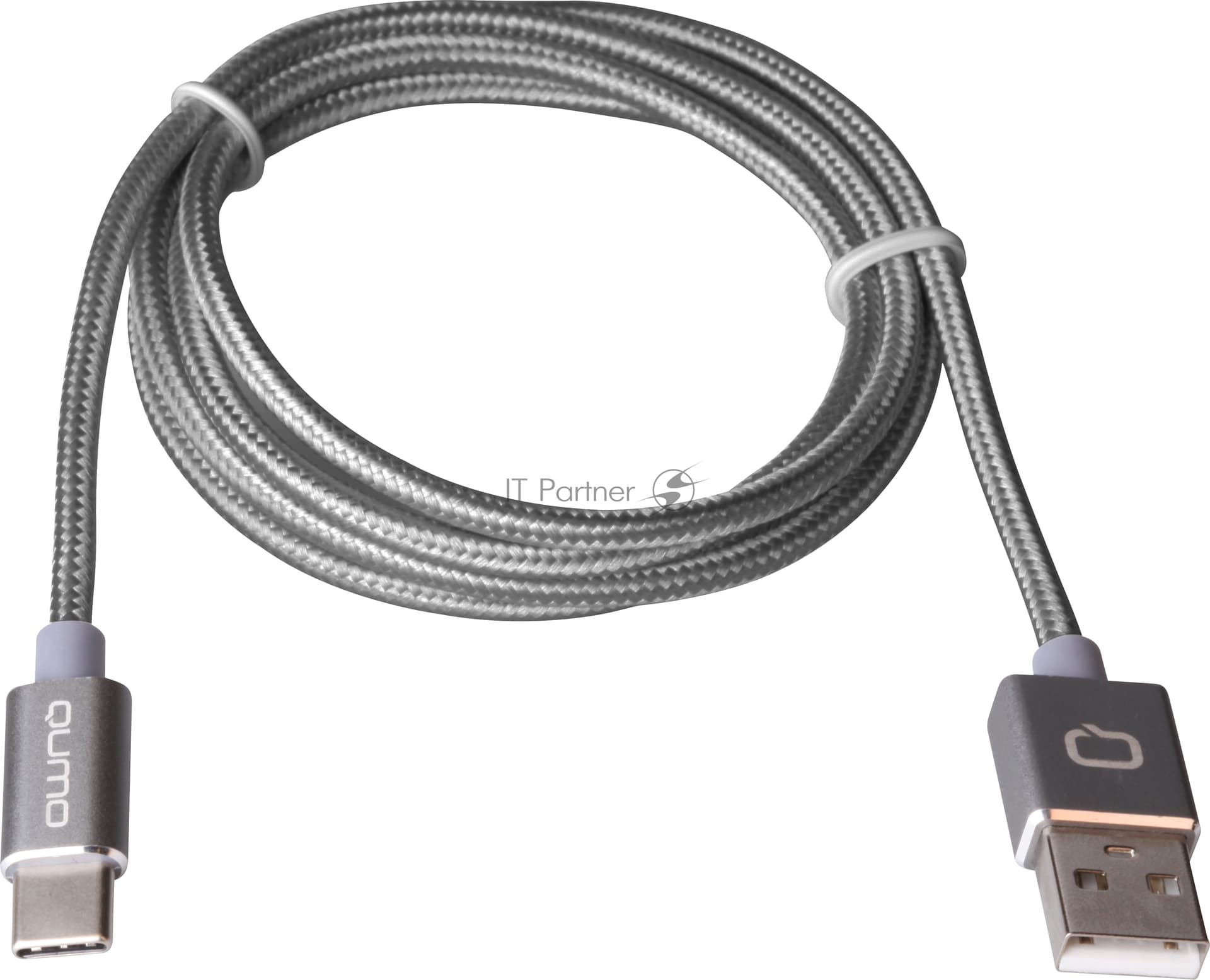 Кабель Qumo Type-С кабель, 1м, USB 2.0, 5В, 2А, 10Вт, тканевая оплетка, стальной коннектор, серый космос