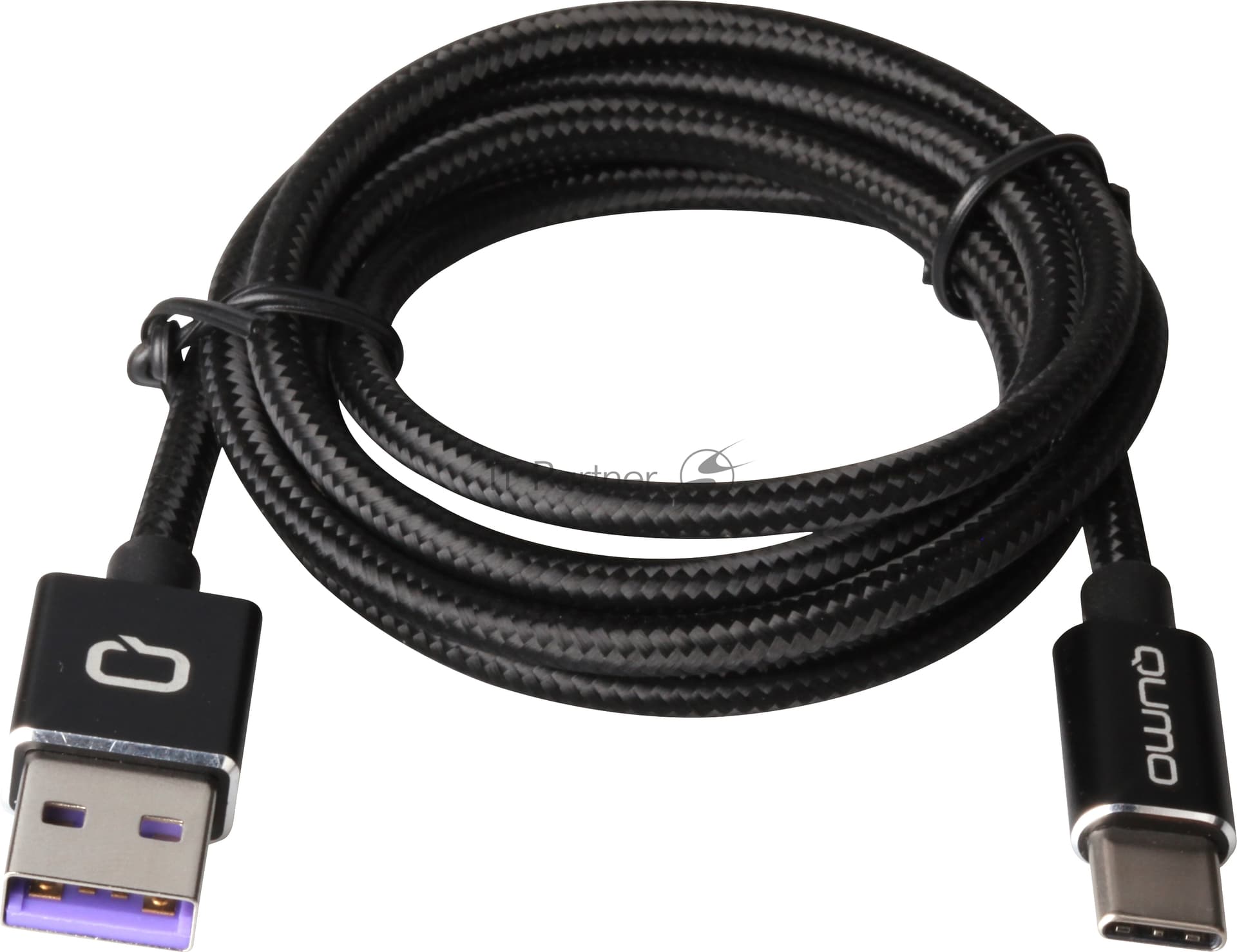 Кабель Qumo Type-С кабель, 1м, USB 2.0, 5В, 5А, 25Вт, тканевая оплетка, стальной коннектор, черный