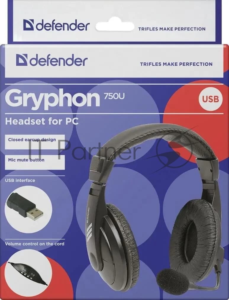 Defender Компьютерная гарнитура Gryphon 750U USB, черный, 1.8м кабель