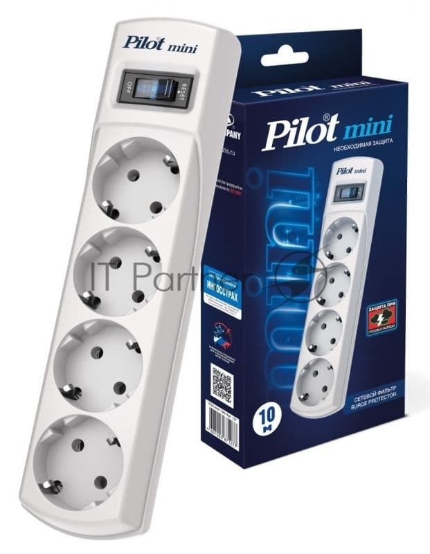 Сетевой фильтр Pilot mini 10 м, 4 розетки, белый, коробка