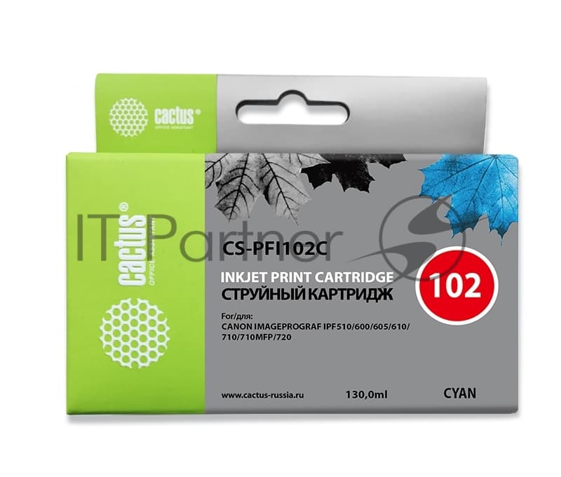 -/ Картридж струйный Cactus CS-PFI102C синий (130мл) для Canon IP iPF500/iPF600/iPF700/ MFP M40/iPF765/