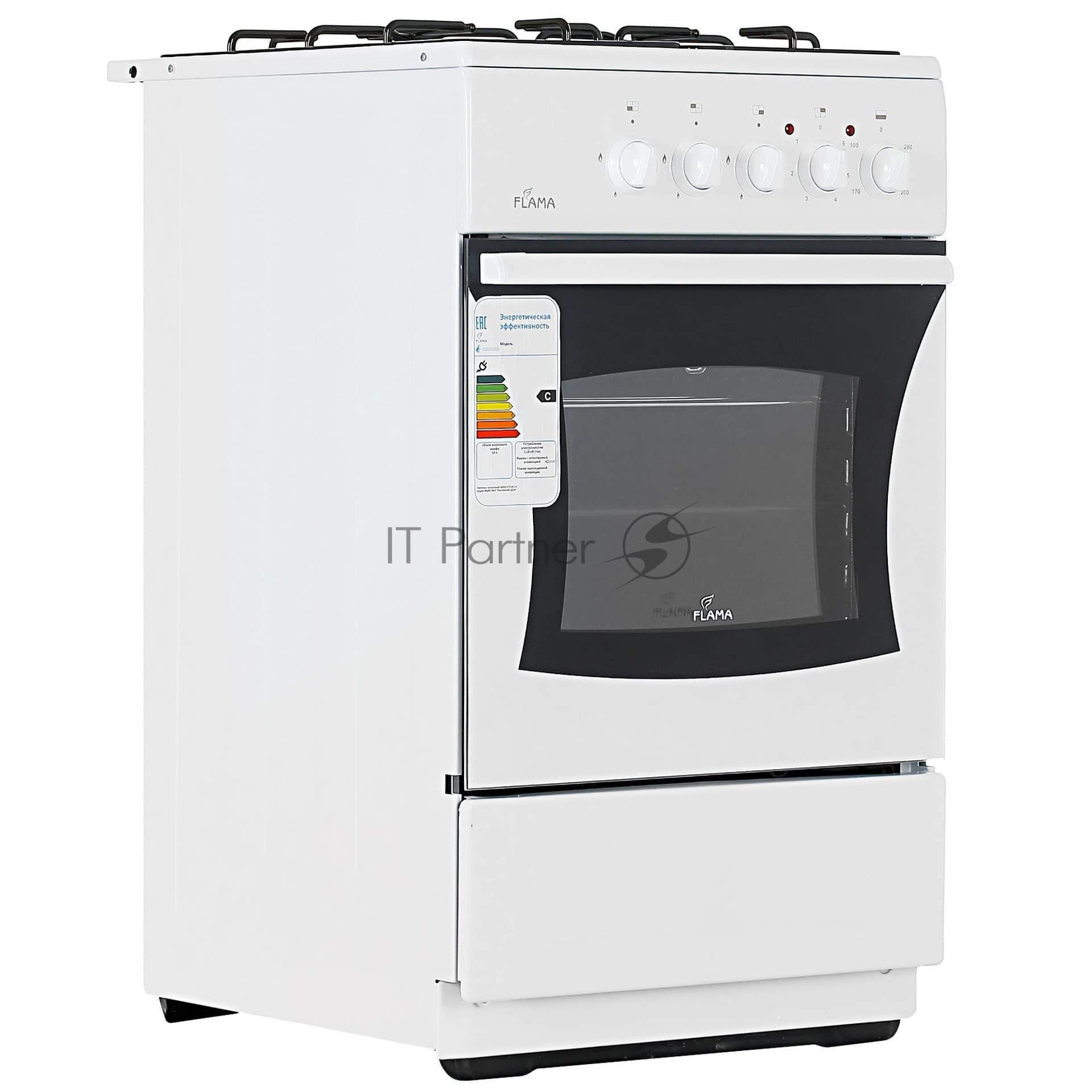 Плита комбинированная Flama RK 23-105 W белый, конфорок 4 шт, духовка 50 л, 50 см x 85 см x 60 см