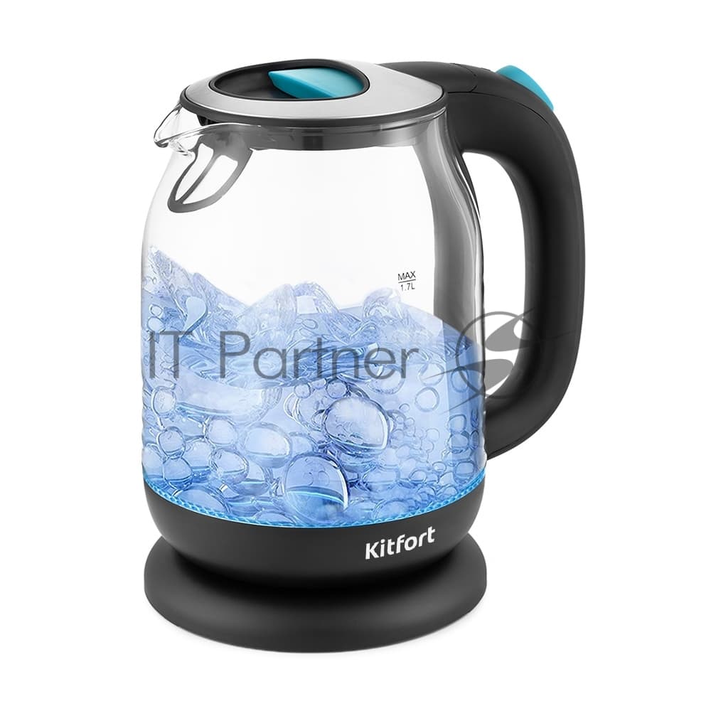 Чайник электрический Kitfort КТ-654-1 1.7л. 2200Вт черный/голубой корпус: стекло/пластик