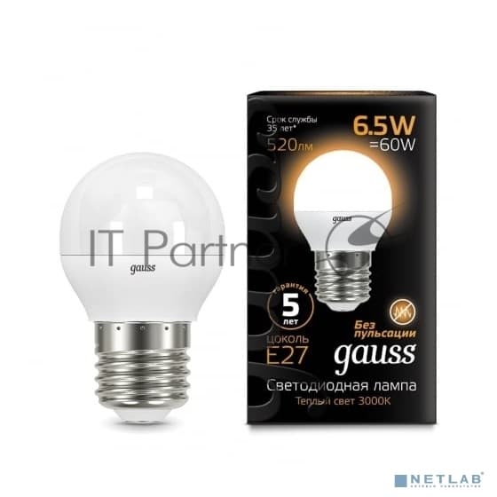 Лампа светодиодная Gauss Black 6.5Вт цок.:E27 шар 220B св.свеч.бел.теп. G45 (упак.:10шт)