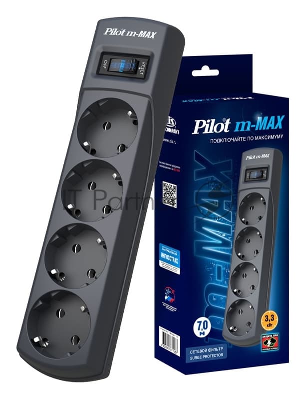 Сетевой фильтр Pilot m-MAX 7 м, 4 розетки, серый, коробка