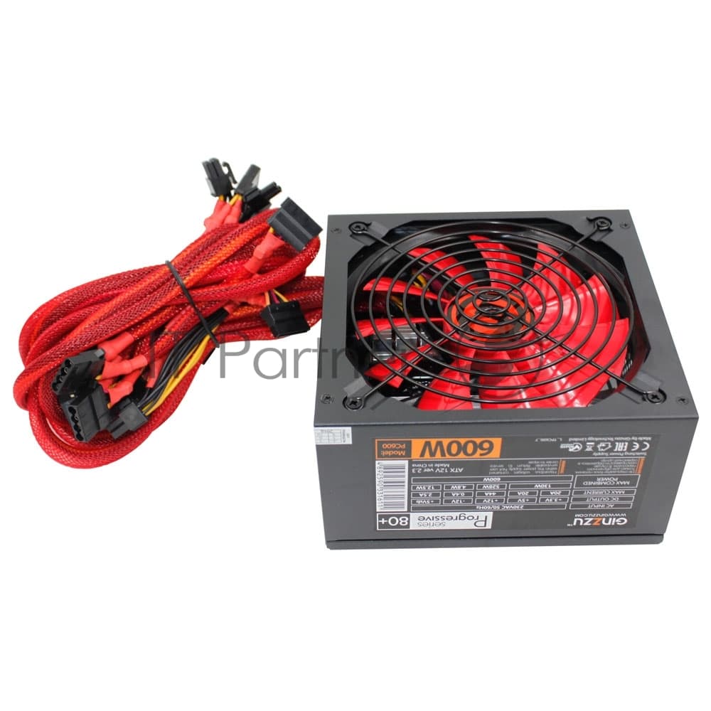 Блок питания Ginzzu PC600 Red, 600Вт, 80 PLUS, 140мм, черный/красный