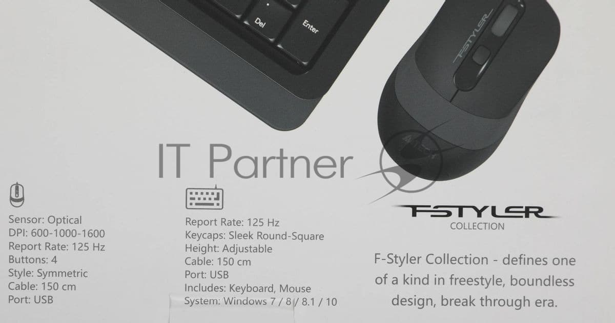 Комплект клавиатура+мышь A4Tech FStyler F1010 проводной, USB, 1600 DPI, чёрный