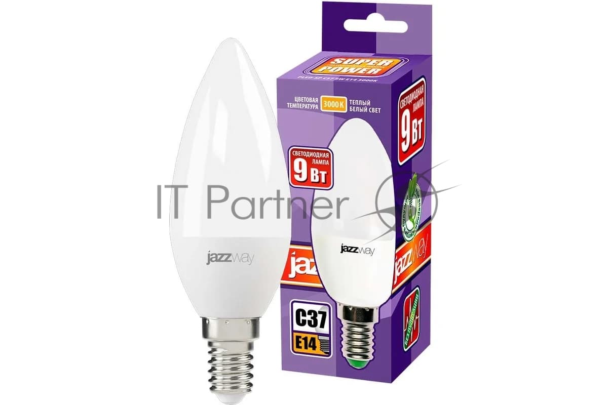 Лампа светодиодная JazzWay PLED-SP C37 9Вт свеча 3000К теплый белый E14 820лм 230В