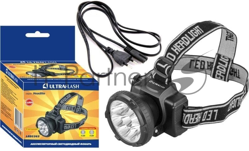 Фонарь налобный аккумуляторный LED 5363 (220В 9LED 2 режима; черный) Ultraflash 11257