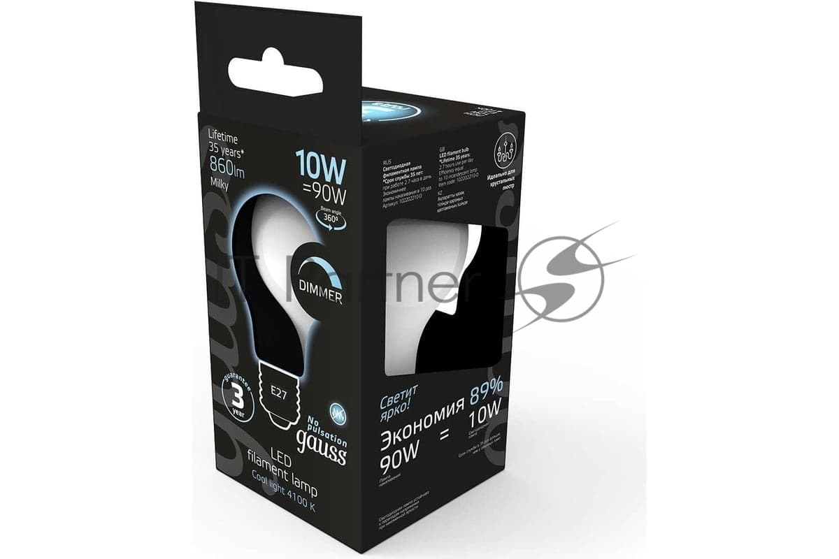 Лампа филам. Gauss Filament A60 10Вт цок.:E27 груша 220B св.свеч.бел.нейт. (упак.:1шт) (102202210-D)