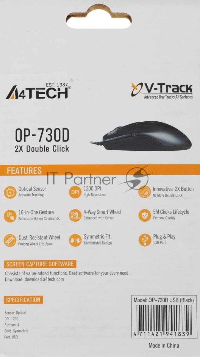 Мышь A4Tech OP-730D черный оптическая 1200dpi USB 4but