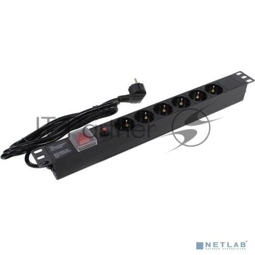 Блок розеток горизонтальный ExeGate ServerPro PDU-19H606 Al-6S-EU2-SW-O, 19", 1U, Алюминий, 6 Schuko, кабель с евровилкой VDE-250V-16A-3*1.5мм2, 2 метра, выкл. с подсветкой, защита от перегрузки, черный