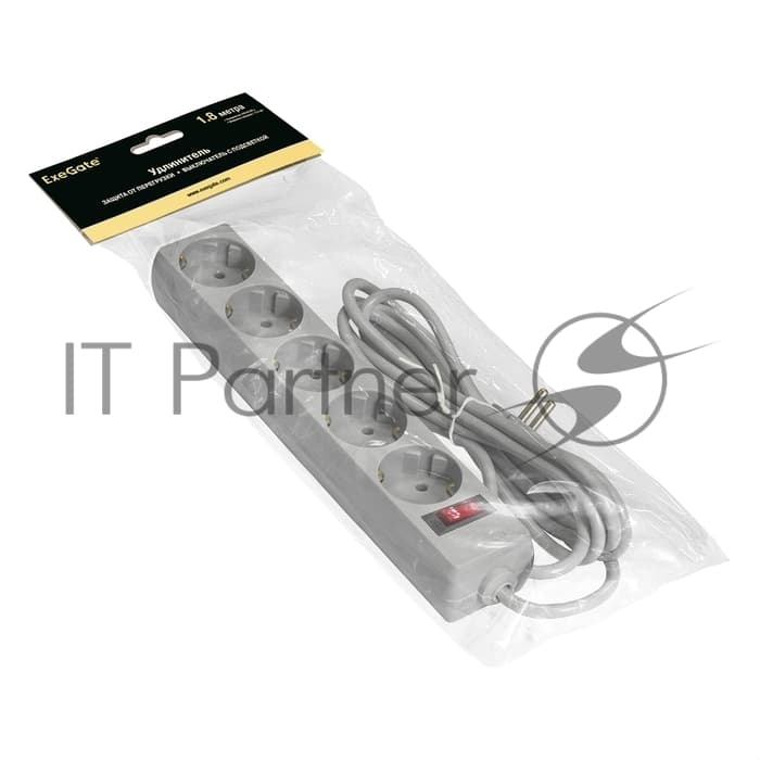 Удлинитель Exegate EC-5-1.8G (EX285798RUS), серый, 1,8 м, евровилка с заземлением, 5 евророзеток с заземлением, 2200 Вт