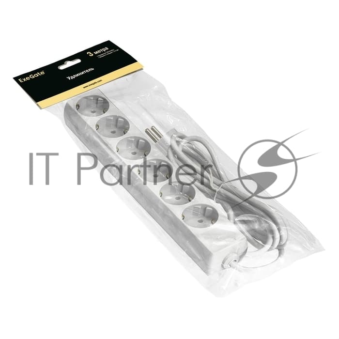 Удлинитель ExeGate ECE-6-3W (EX285833RUS), белый, 3 м, евровилка с заземлением, 6 евророзеток с заземлением, 2200 Вт