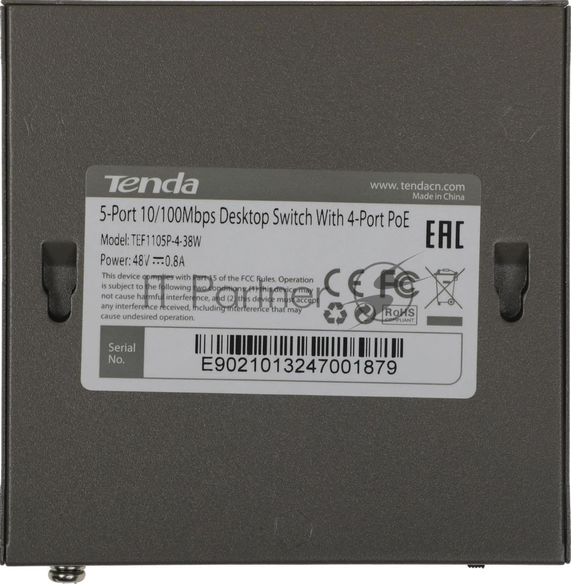 Коммутатор/ Tenda TEF1105P-4-38W 5-Port 10/100Mbps Desktop Switch with 4-Port PoE