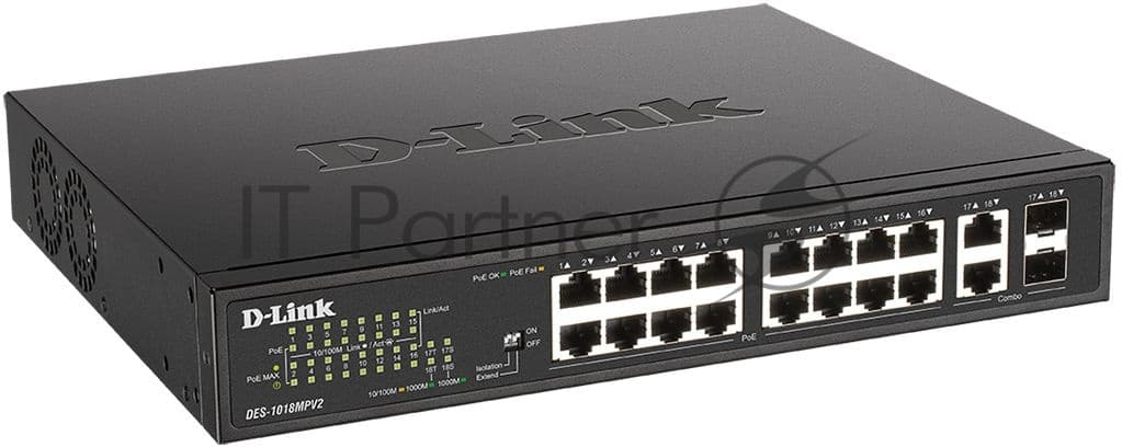 Коммутатор D-Link DES-1018MPV2 16x100Mb 16PoE неуправляемый