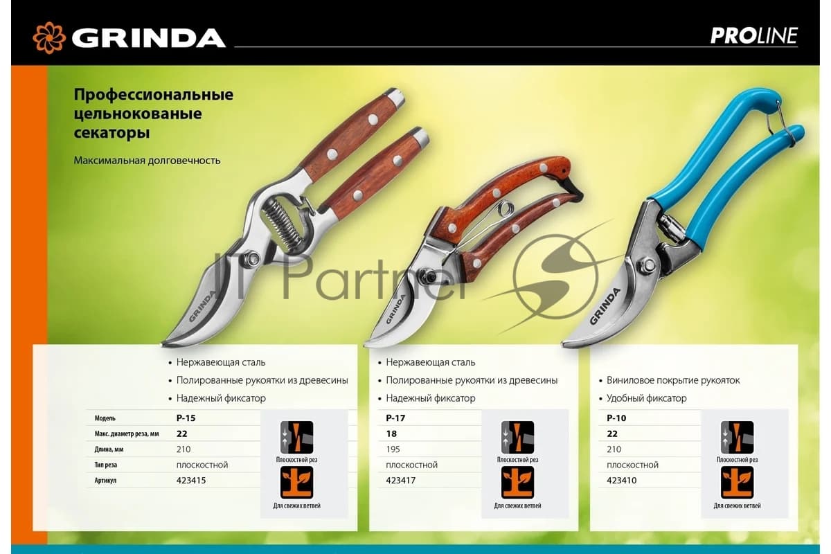 Секатор компактный плоскостной Grinda PRO Line 423417