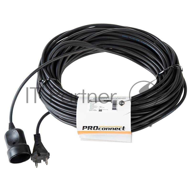 Удлинитель-шнур PROconnect ПВС 2х0.75, 30 м, б/з, 6 А, 1300 Вт, IP20, черный