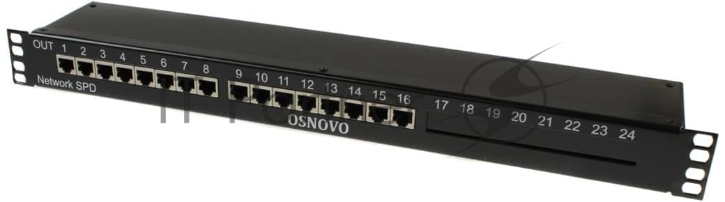 Грозозащита OSNOVO SP-IP16/1000PR 1U устройство грозозащиты для локальной вычислительной сети на 16 портов (скорость до 1000 Мб/с) с защитой линий PoE (af/at, методы A + B, контакты 1/2, 3/6, 4/5, 7/8). Двухступе