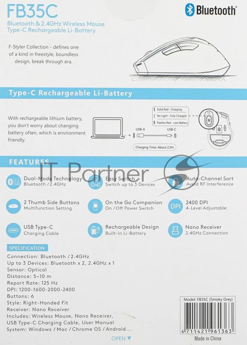 Мышь A4Tech Fstyler FB35C серый/черный оптическая 2000dpi беспров. BT/Radio USB 6but (FB35C SMOKY GREY)