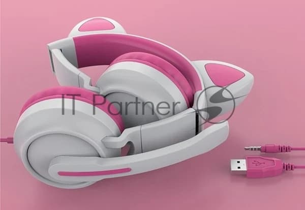 Гарнитура QUMO Game Cat белый/розовый, проводная, USB, подсветка