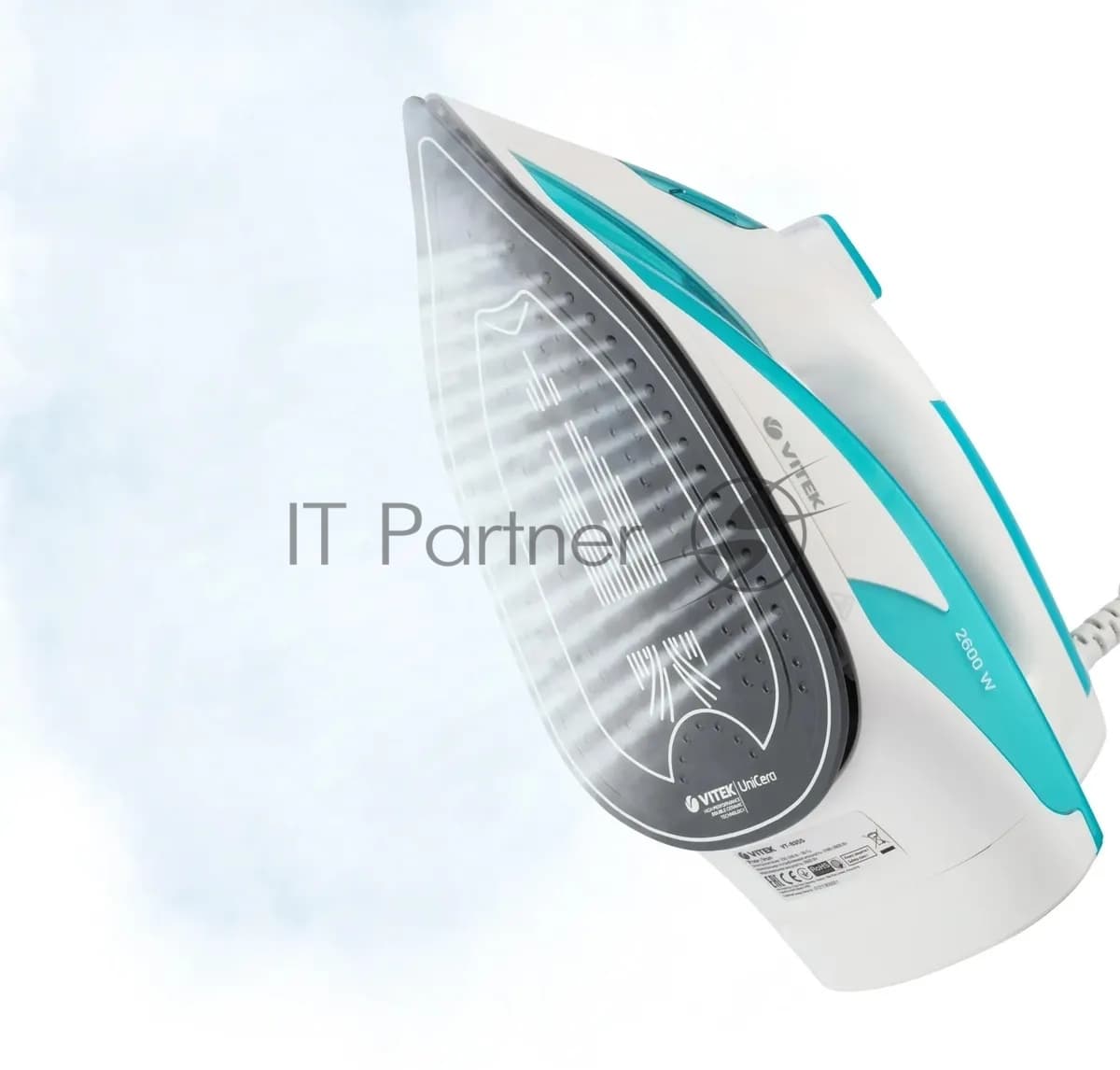 Утюг Vitek VT-8355 (MC) белый/бирюзовый 1. Максимальная мощность 2600 Вт 2. Керамическая подошва 3. Емкость для воды 400 мл