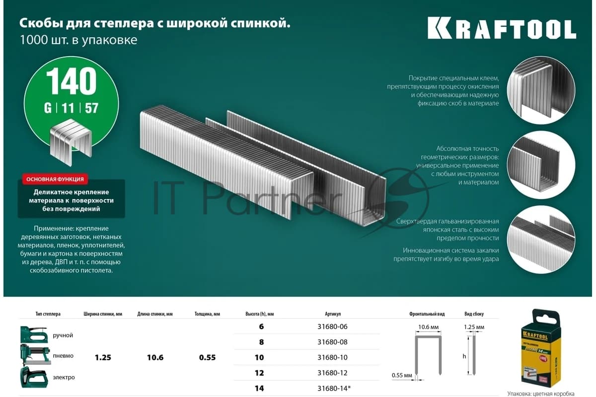 Скобы для степлера KRAFTOOL 14 мм широкие тип 140, 1000 шт