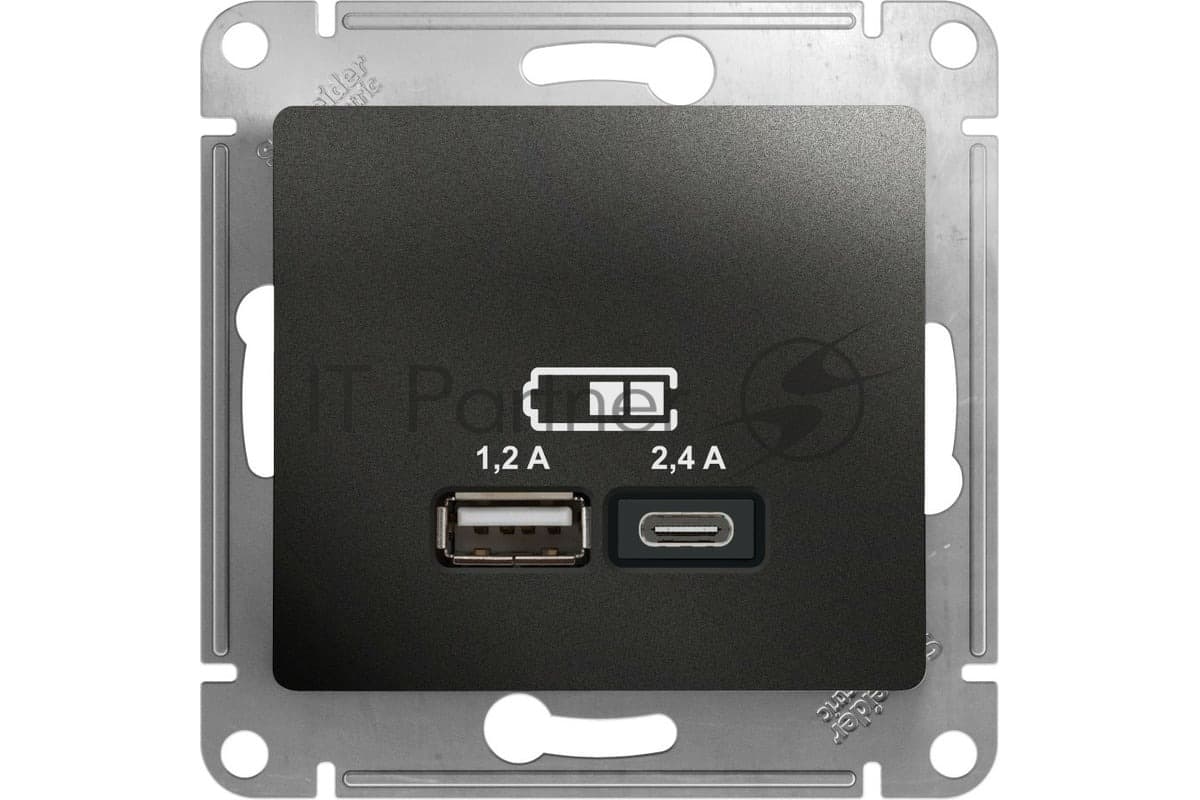 Розетка SE Glossa USB A+С, 5В/2,4А, 2х5В/1,2А антрацит