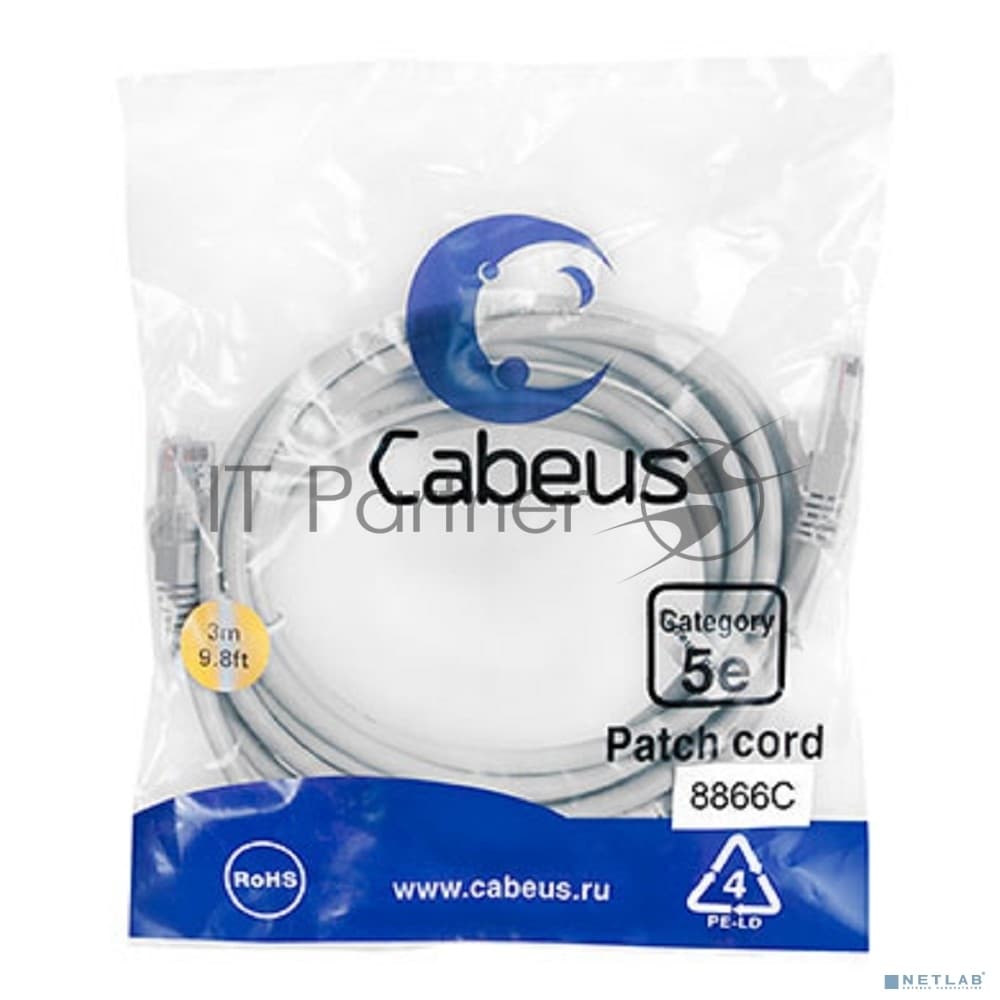 Шнур коммутационный Cabeus, Cat.5e, неэкр., U/UTP, RJ45/RJ45, LSZH, AWG24, 3м, серый
