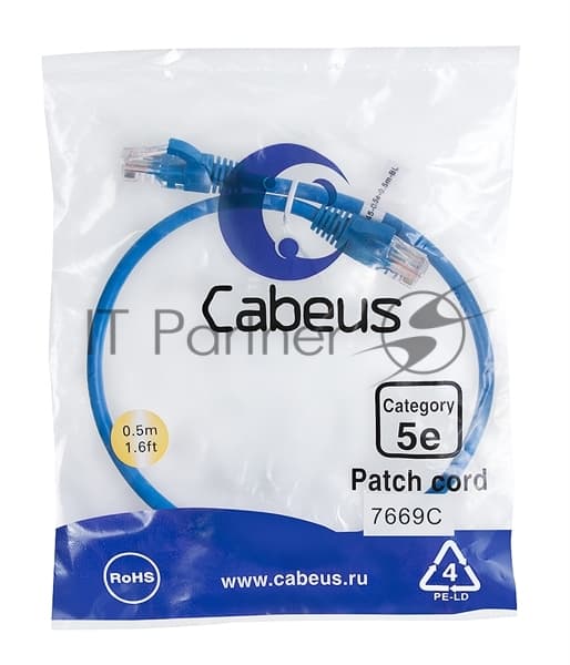 Шнур комм. Cabeus, кат. 5е, неэкр., U/UTP, RJ45/RJ45, PVC, AWG24, 0.5м, синий