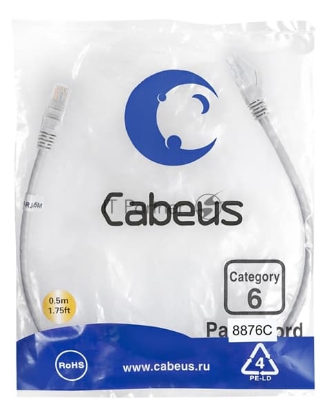 Cabeus Патч-корд PC-UTP-RJ45-Cat.6-0.5m-LSZH U/UTP Cat.6 0.5м серый