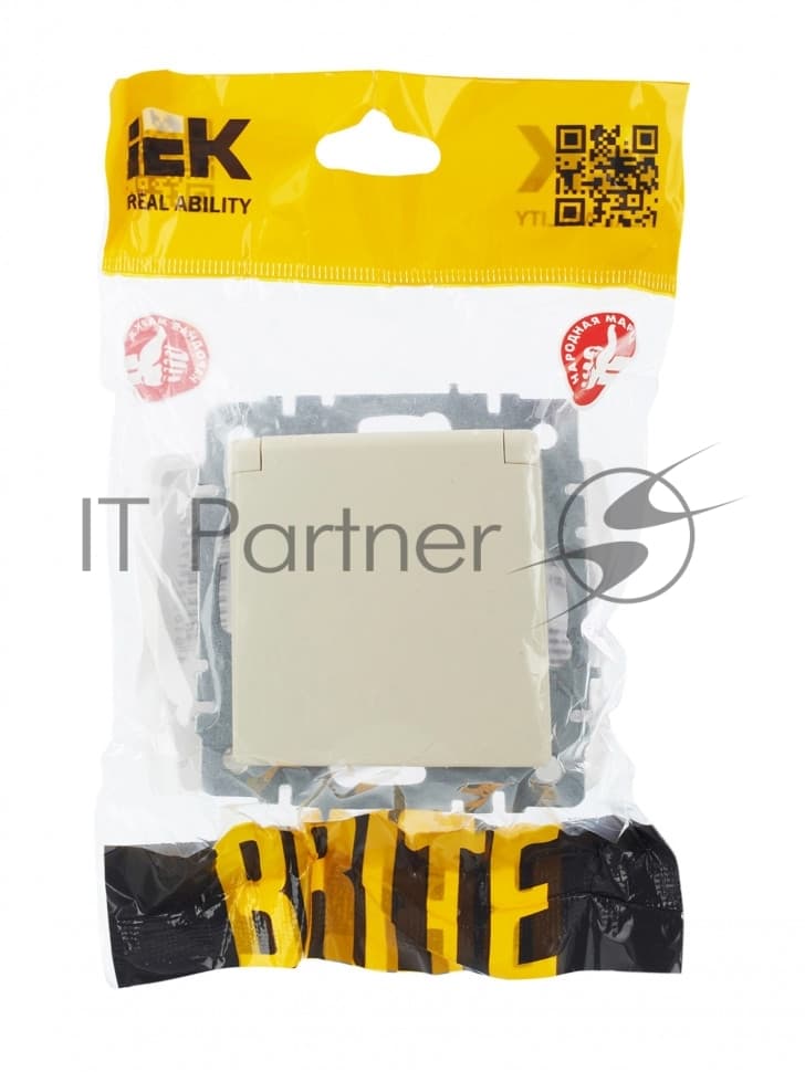 Розетка 1-местная IEK BRITE РСбш10-3-44-БрКр с заземлением, с защитными шторками и крышкой, 16А, IP44, бежевый