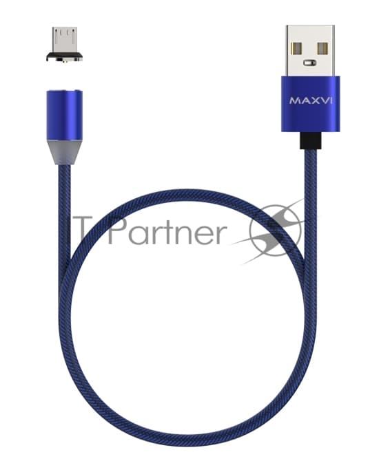 Кабель Maxvi MCm-01M blue, USB-A - microUSB, 2A, магнитный разъем, LED Описание: ток макс. нагрузки 2А, макс. напряжение 5V; стандарт USB 2.0; длина 1м, нейлоновая оплетка, съемный магнитный коннектор, LED подсветка, синий с черными вставками