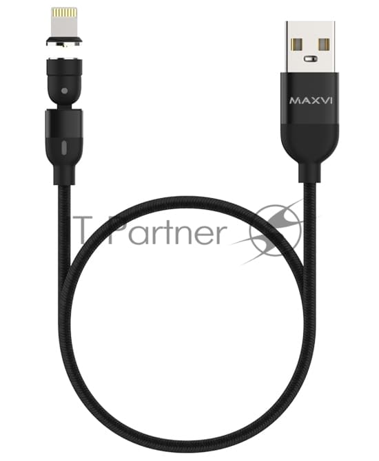 Кабель Maxvi MCm-02L black, USB-A - Lightning, 2A, магнитный разъем, LED ток макс. нагрузки 2А, макс. напряжение 5V; стандарт USB 2.0; длина 1.5м, нейлоновая оплетка, съемный магнитный коннектор, LED подсветка, черный