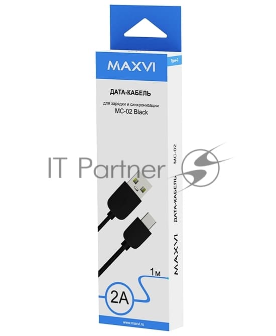 Кабель Maxvi MC-02 black USB-A - Type-C ток макс. нагрузки 2А, макс. напряжение 5V, длина кабеля 1м, материал PVC, черный