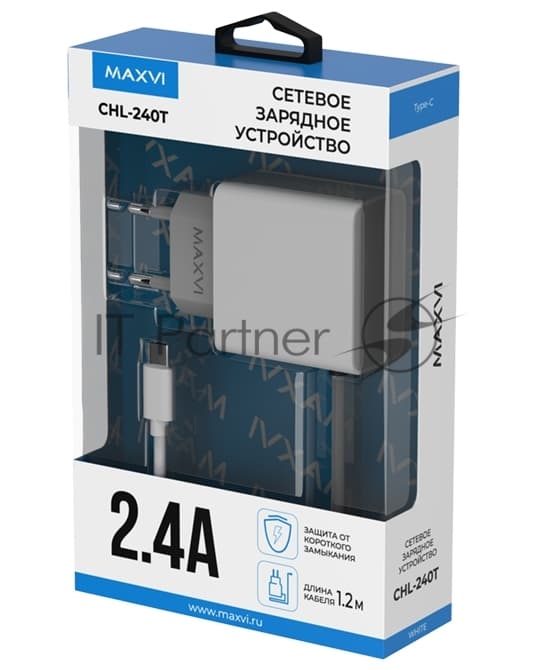 Сетевое зарядное устройство Maxvi CHL-240T 2.4A, with Type-C cable, белый