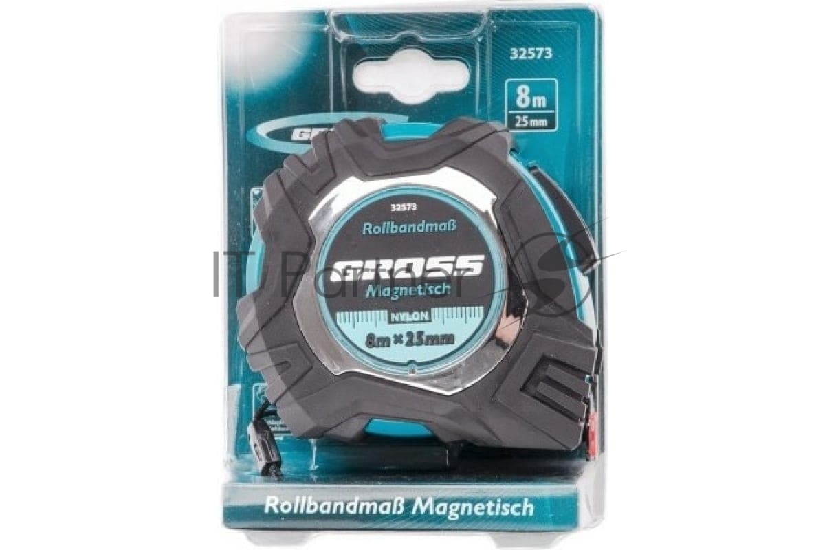 Рулетка Gross Magnetisch, 8 м х 25 мм, обрезин. корпус, автоматич. фиксация, нейлон. покр., магн. зацеп
