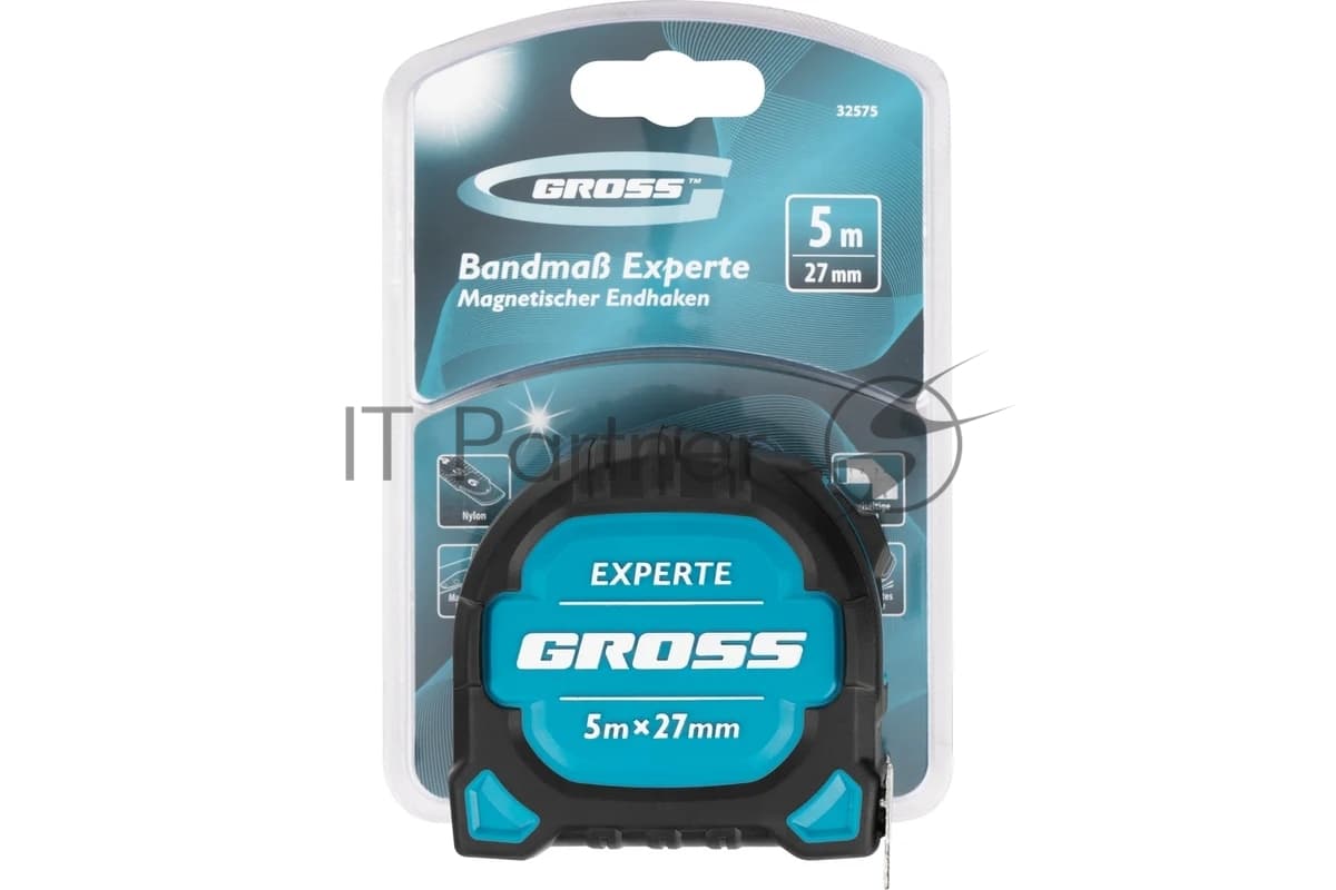 Рулетка Gross Experte, 5 м x 27 мм, двухкомпон. корпус, магнит, двухстор. разметка, нейлон